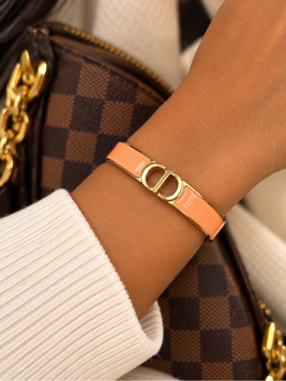 Gold and Coral Enamel Cuff Bracelet